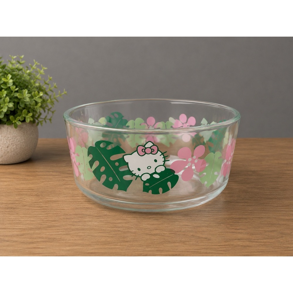 Pyrex Hello Kitty Tropical Hibiscus Monstera Glass Storage Bowl 2023 Sanrio